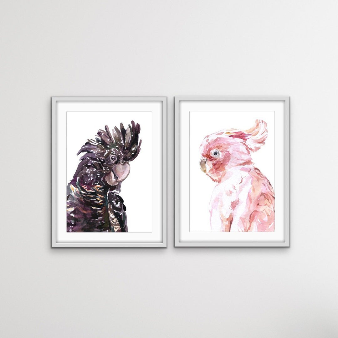 Watercolour Cockatoo Pair  - Two Piece Black and Pink Cockatoo Prints Diptych - I Heart Wall Art