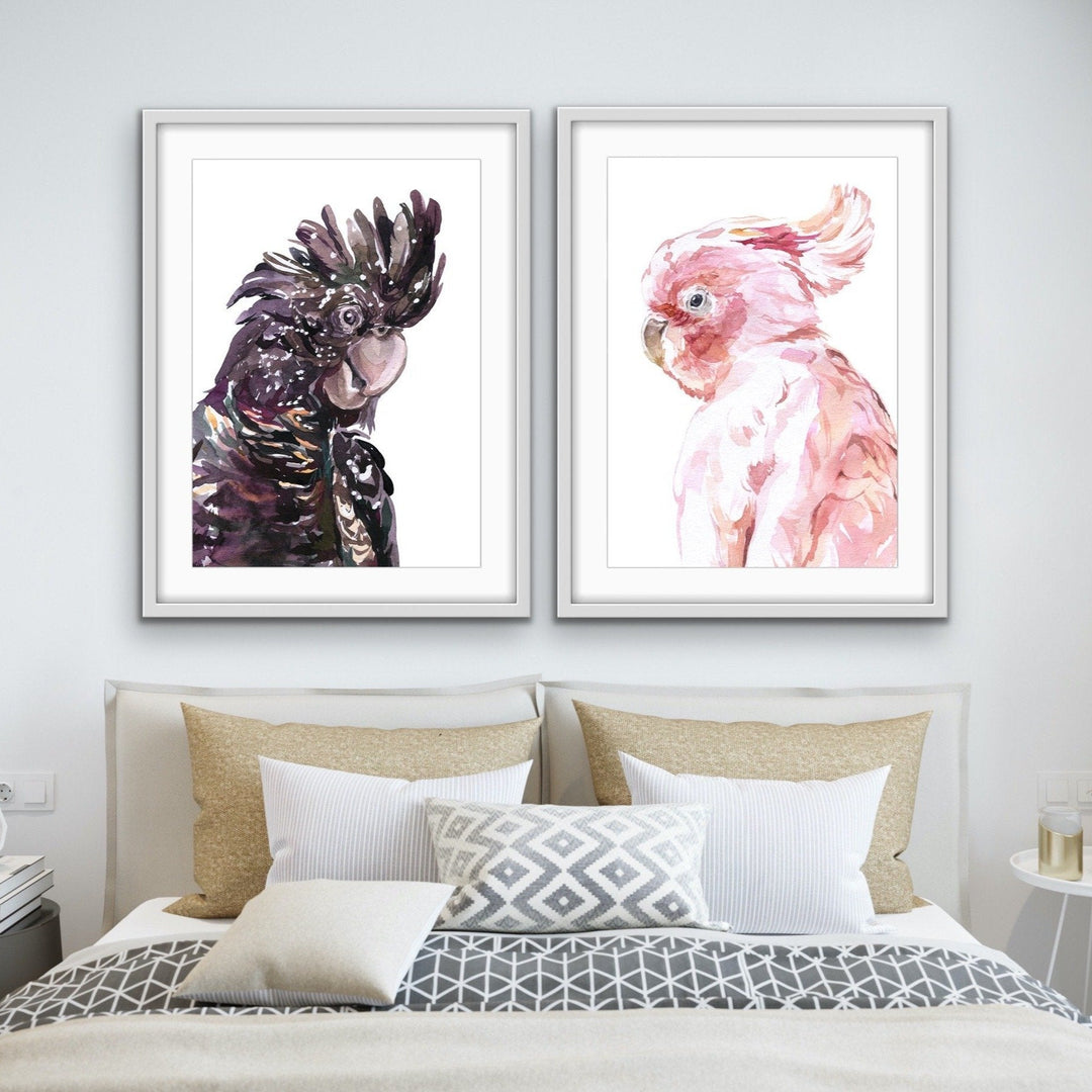 Watercolour Cockatoo Pair  - Two Piece Black and Pink Cockatoo Prints Diptych - I Heart Wall Art