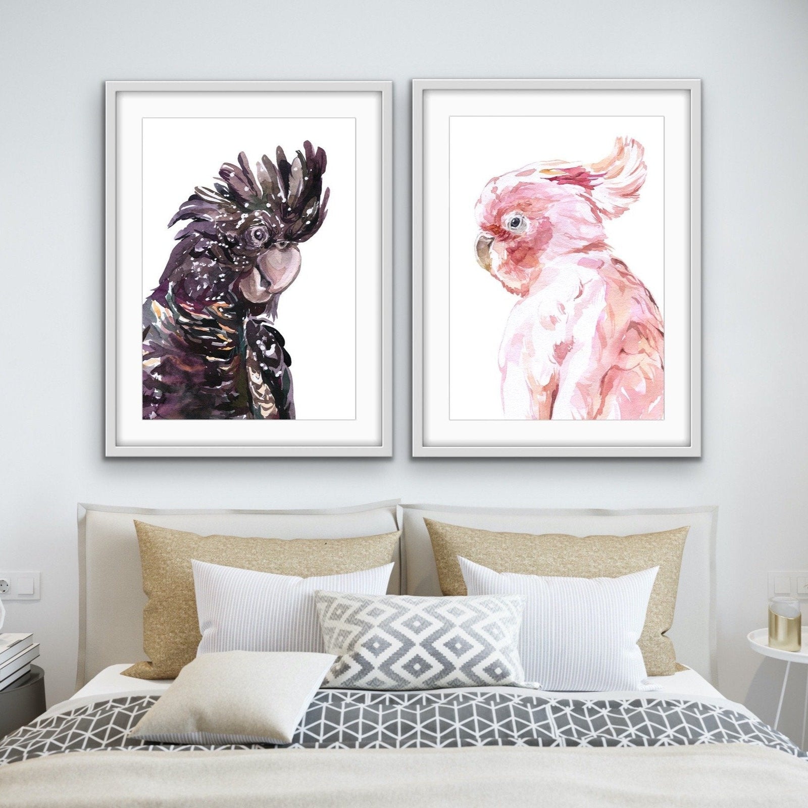 Watercolour Cockatoo Pair  - Two Piece Black and Pink Cockatoo Prints Diptych - I Heart Wall Art