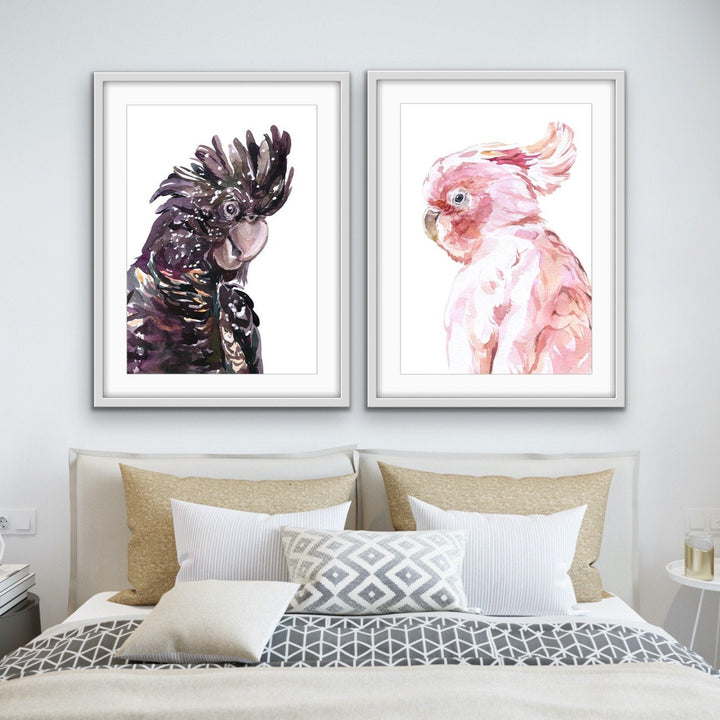 Watercolour Cockatoo Pair  - Two Piece Black and Pink Cockatoo Prints Diptych - I Heart Wall Art