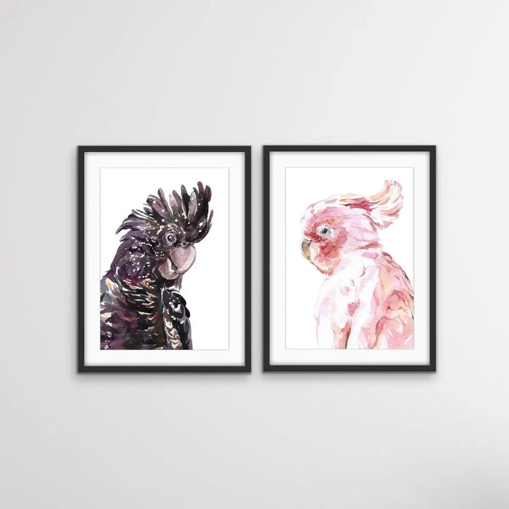 Watercolour Cockatoo Pair  - Two Piece Black and Pink Cockatoo Prints Diptych - I Heart Wall Art