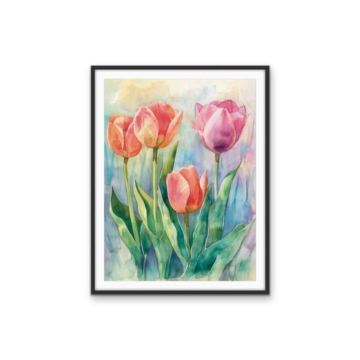 Where the Fairies Live - Colourful Watercolour Tulip Floral Stretched Canvas or Wall Art Print I Heart Wall Art