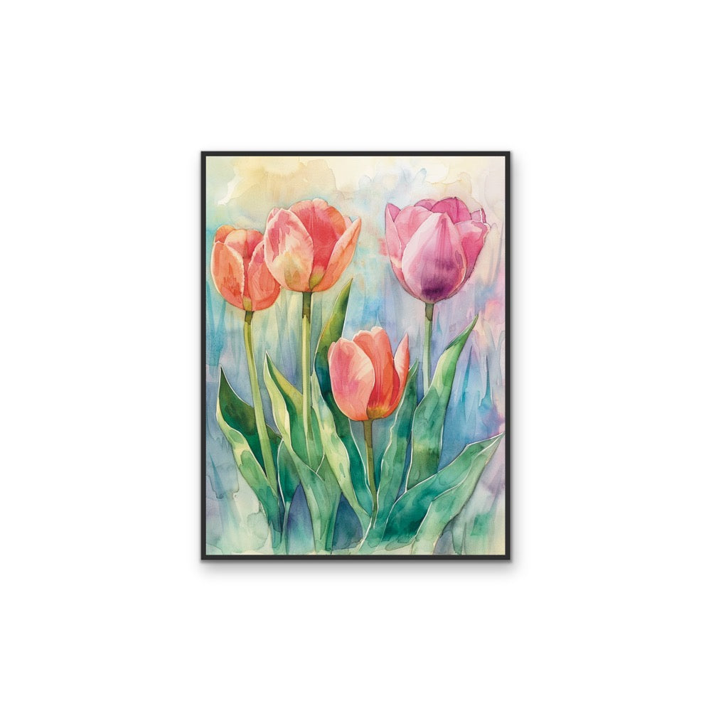 Where the Fairies Live - Colourful Watercolour Tulip Floral Stretched Canvas or Wall Art Print I Heart Wall Art
