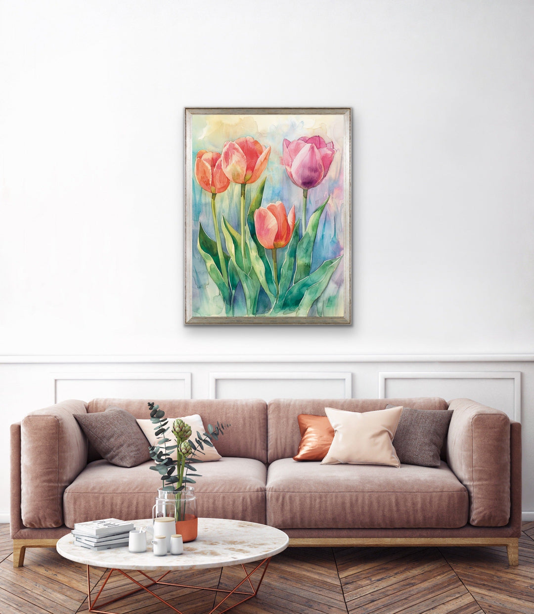 Where the Fairies Live - Colourful Watercolour Tulip Floral Stretched Canvas or Wall Art Print I Heart Wall Art