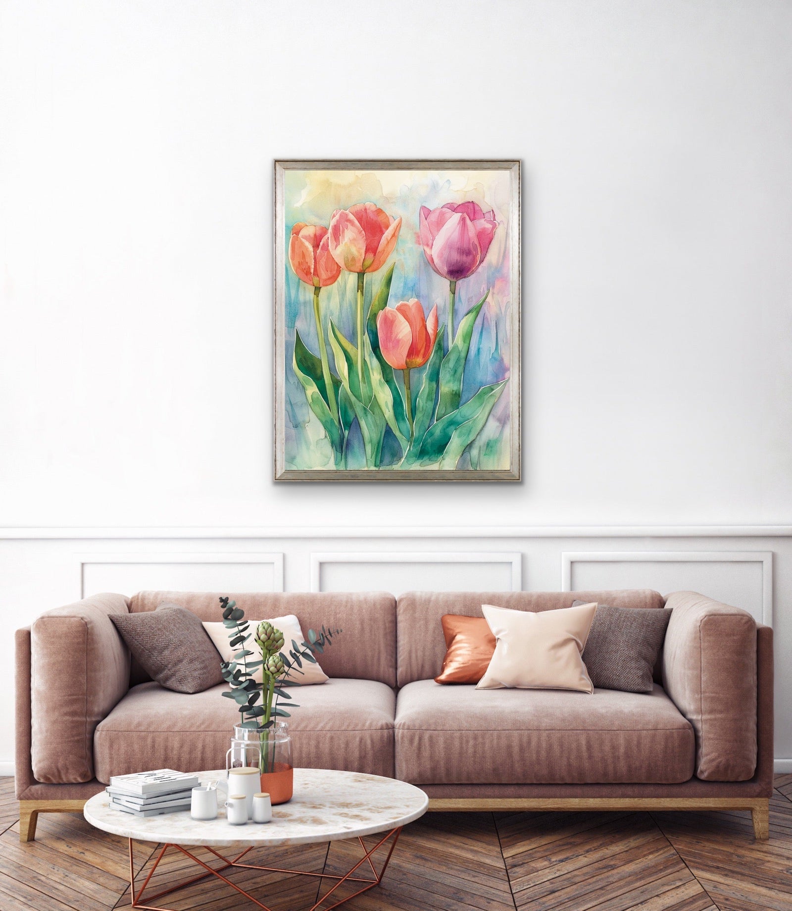 Where the Fairies Live - Colourful Watercolour Tulip Floral Stretched Canvas or Wall Art Print I Heart Wall Art