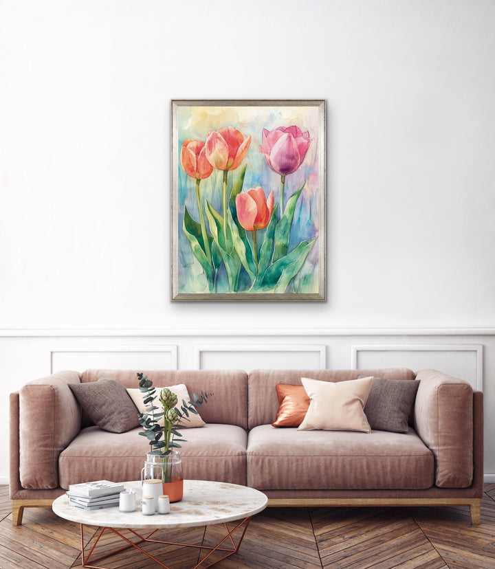 Where the Fairies Live - Colourful Watercolour Tulip Floral Stretched Canvas or Wall Art Print I Heart Wall Art