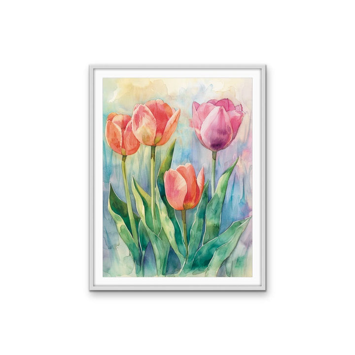 Where the Fairies Live - Colourful Watercolour Tulip Floral Stretched Canvas or Wall Art Print I Heart Wall Art