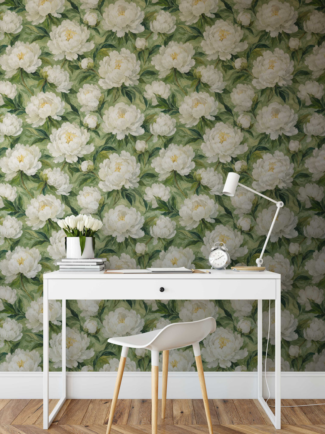 White and Green Painted Peony Wallpaper - Classic Style Removable Peel Stick