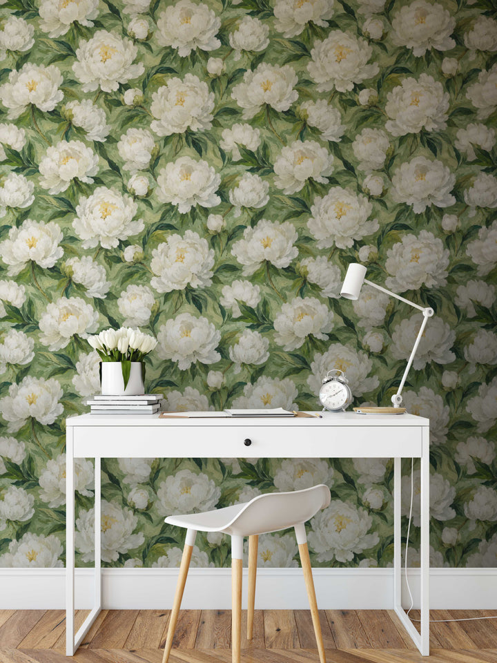 White and Green Painted Peony Wallpaper - Classic Style Removable Peel Stick