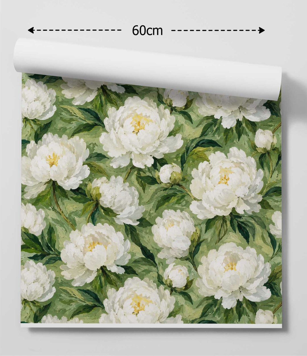 White and Green Painted Peony Wallpaper - Classic Style Removable Peel Stick