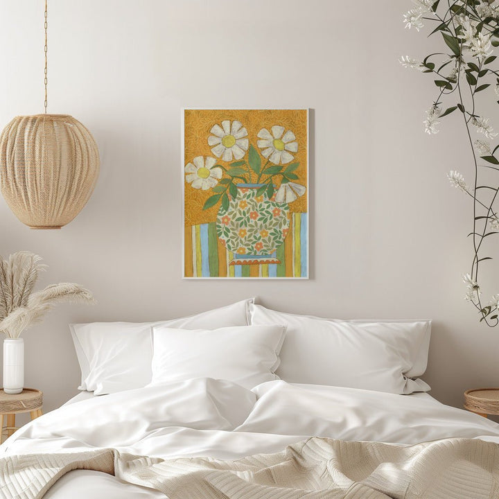 White Daisies In A Patterned Vase - Stretched Canvas, Poster or Fine Art Print - I Heart Wall Art - Poster Print, Canvas Print or Framed Art Print