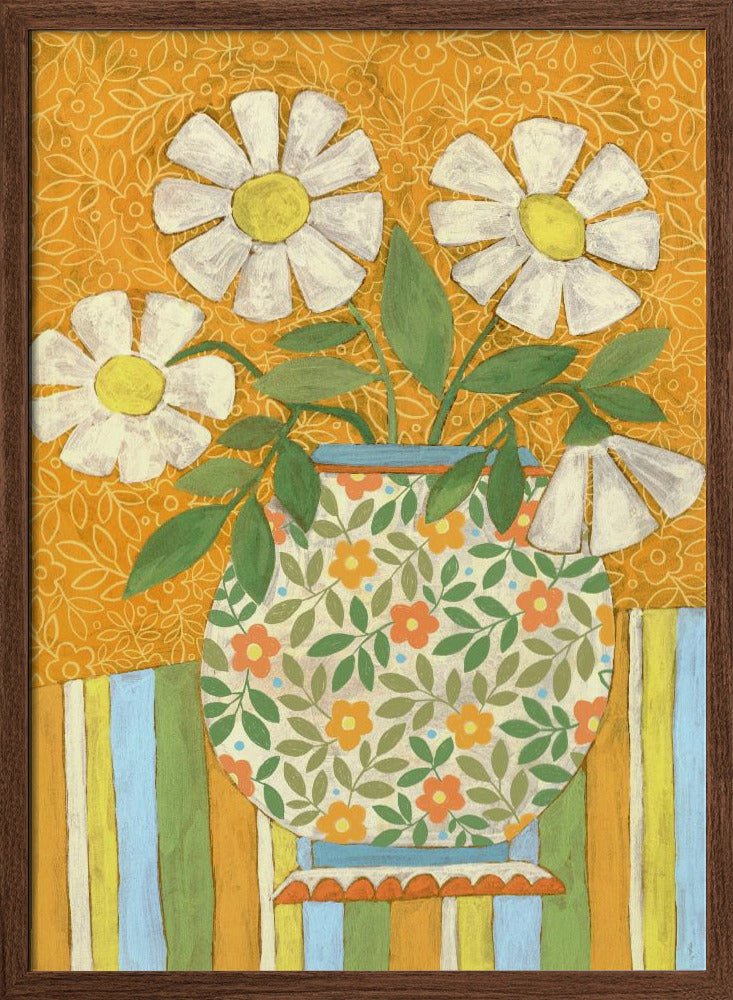 White Daisies In A Patterned Vase - Stretched Canvas, Poster or Fine Art Print - I Heart Wall Art - Poster Print, Canvas Print or Framed Art Print