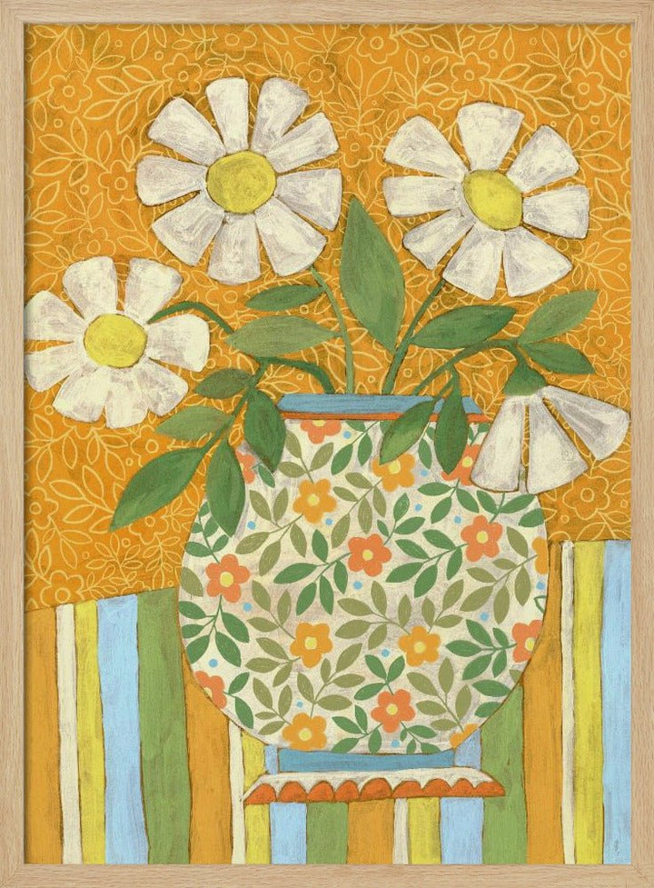 White Daisies In A Patterned Vase - Stretched Canvas, Poster or Fine Art Print - I Heart Wall Art - Poster Print, Canvas Print or Framed Art Print