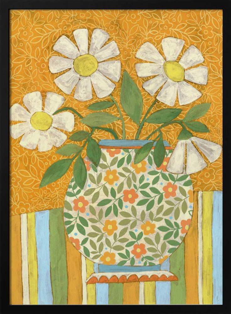 White Daisies In A Patterned Vase - Stretched Canvas, Poster or Fine Art Print - I Heart Wall Art - Poster Print, Canvas Print or Framed Art Print