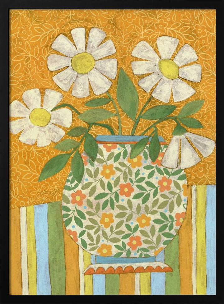 White Daisies In A Patterned Vase - Stretched Canvas, Poster or Fine Art Print - I Heart Wall Art - Poster Print, Canvas Print or Framed Art Print