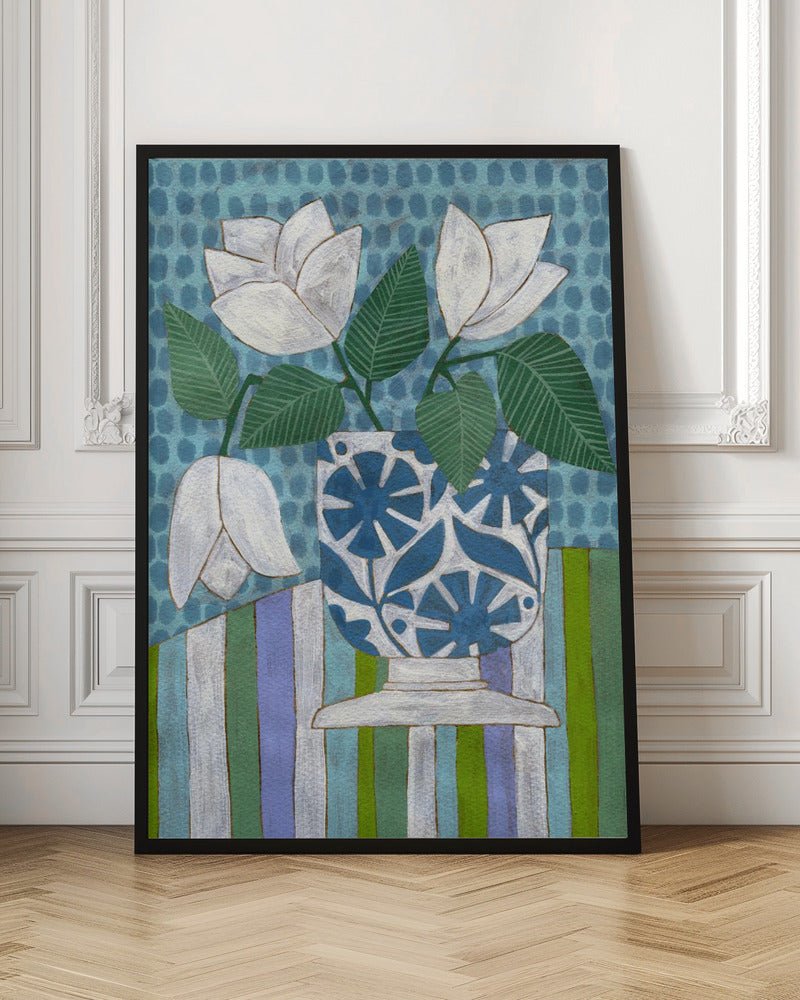 White Flowers In A Patterned Vase - Stretched Canvas, Poster or Fine Art Print - I Heart Wall Art - Poster Print, Canvas Print or Framed Art Print
