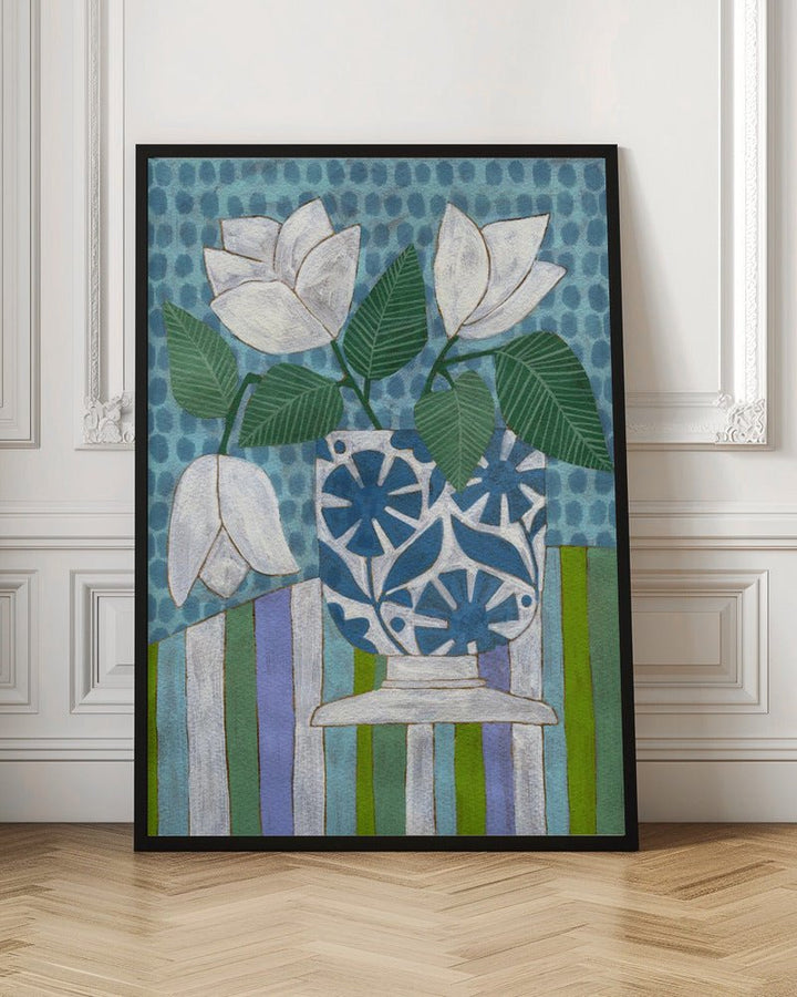 White Flowers In A Patterned Vase - Stretched Canvas, Poster or Fine Art Print - I Heart Wall Art - Poster Print, Canvas Print or Framed Art Print