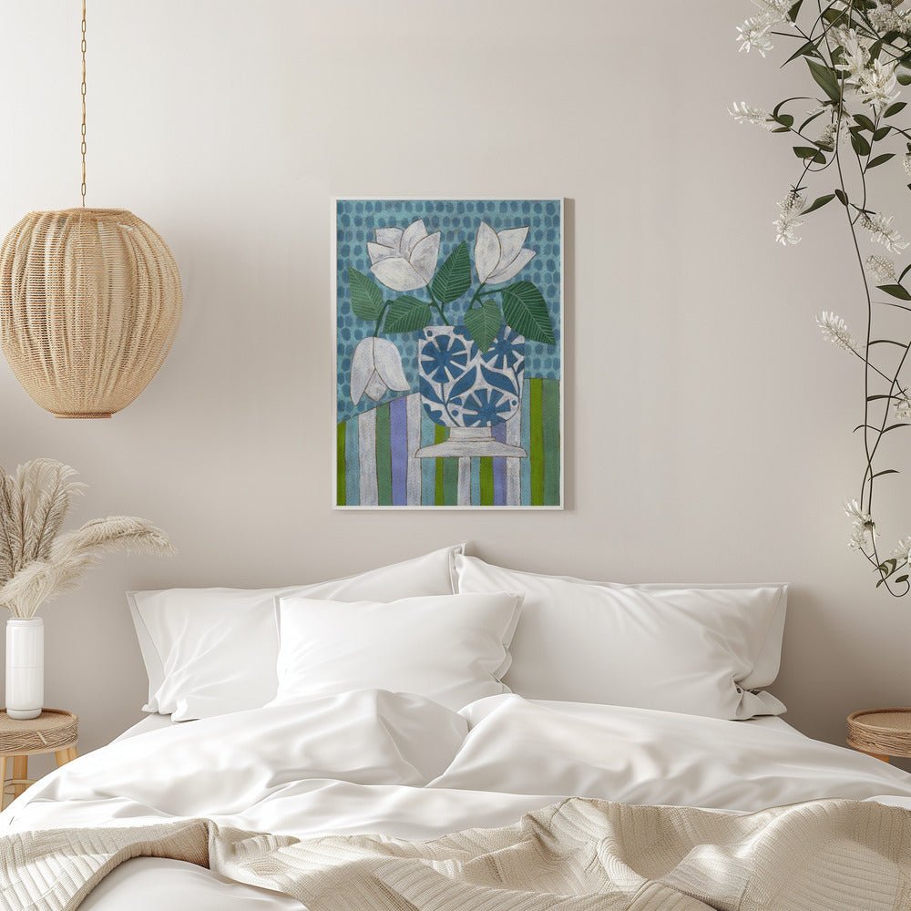 White Flowers In A Patterned Vase - Stretched Canvas, Poster or Fine Art Print - I Heart Wall Art - Poster Print, Canvas Print or Framed Art Print