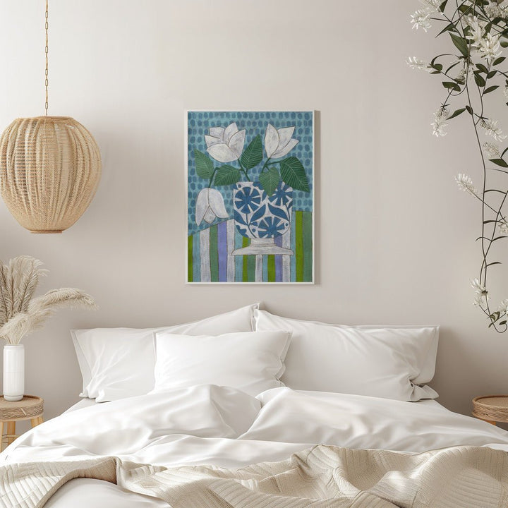 White Flowers In A Patterned Vase - Stretched Canvas, Poster or Fine Art Print - I Heart Wall Art - Poster Print, Canvas Print or Framed Art Print