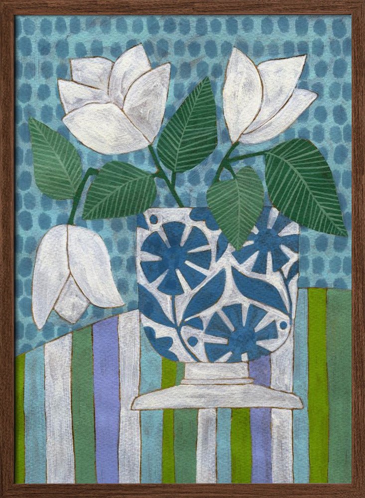 White Flowers In A Patterned Vase - Stretched Canvas, Poster or Fine Art Print - I Heart Wall Art - Poster Print, Canvas Print or Framed Art Print