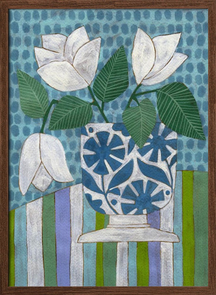 White Flowers In A Patterned Vase - Stretched Canvas, Poster or Fine Art Print - I Heart Wall Art - Poster Print, Canvas Print or Framed Art Print