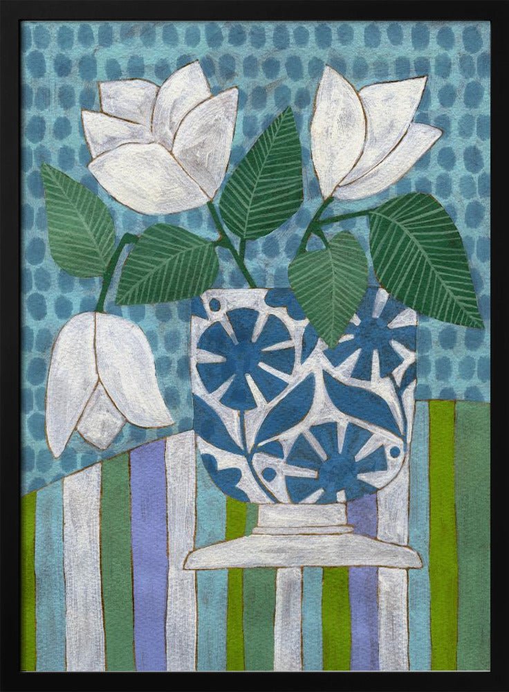 White Flowers In A Patterned Vase - Stretched Canvas, Poster or Fine Art Print - I Heart Wall Art - Poster Print, Canvas Print or Framed Art Print