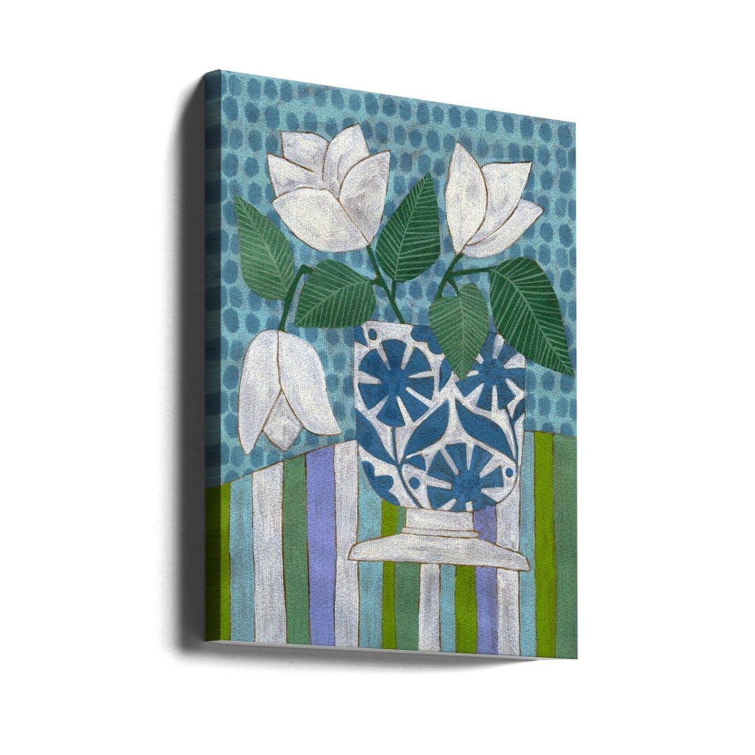 White Flowers In A Patterned Vase - Stretched Canvas, Poster or Fine Art Print - I Heart Wall Art - Poster Print, Canvas Print or Framed Art Print