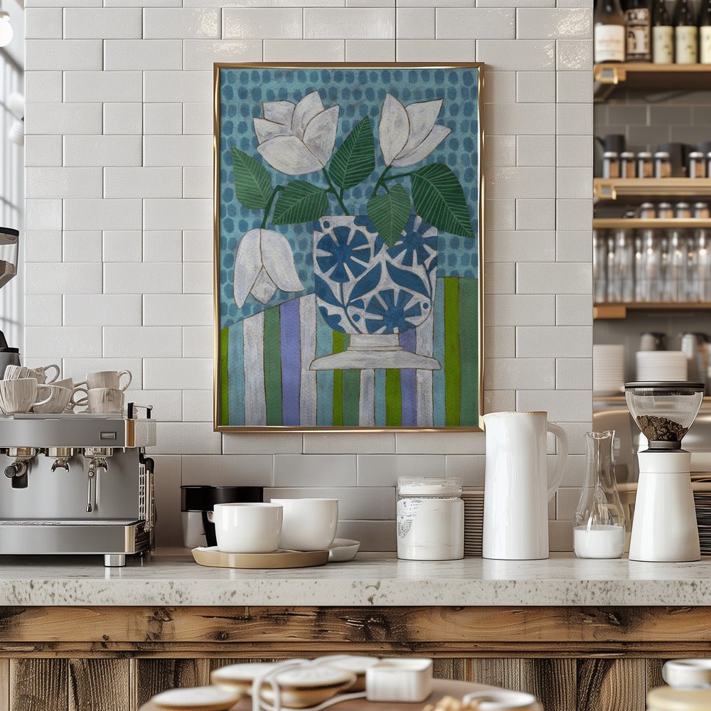 White Flowers In A Patterned Vase - Stretched Canvas, Poster or Fine Art Print - I Heart Wall Art - Poster Print, Canvas Print or Framed Art Print