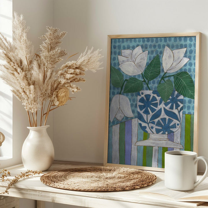 White Flowers In A Patterned Vase - Stretched Canvas, Poster or Fine Art Print - I Heart Wall Art - Poster Print, Canvas Print or Framed Art Print