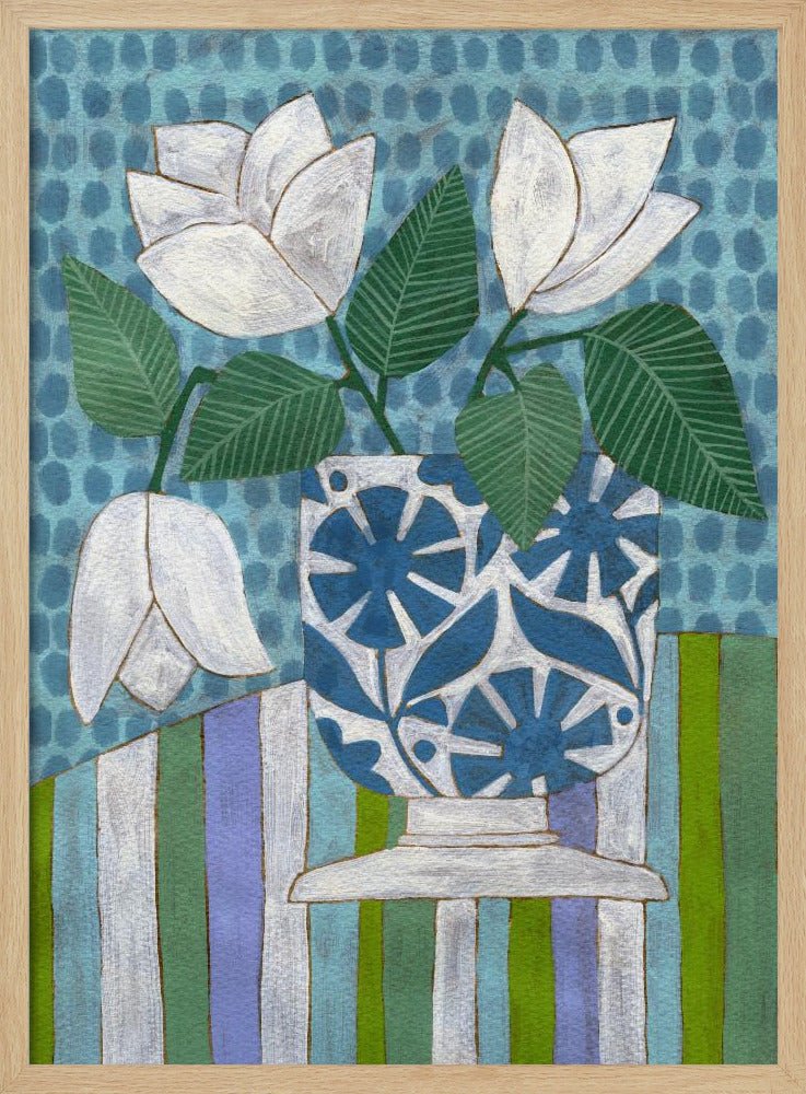 White Flowers In A Patterned Vase - Stretched Canvas, Poster or Fine Art Print - I Heart Wall Art - Poster Print, Canvas Print or Framed Art Print