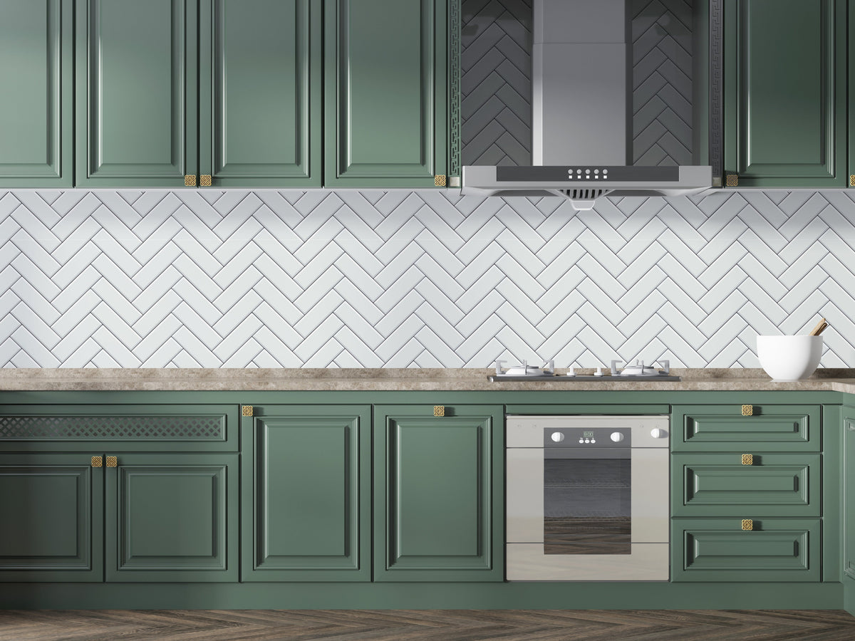 White Herringbone Tile Wallpaper