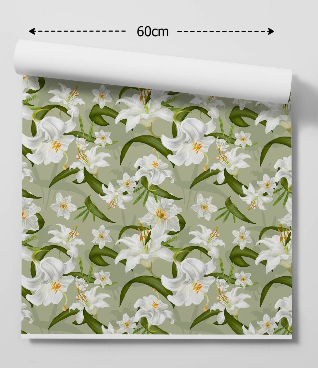 White Lily Walls - Green and White Lily Wallpaper - I Heart Wall Art - Poster Print, Canvas Print or Framed Art Print