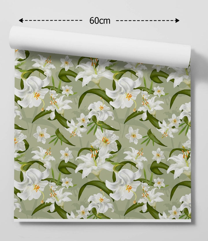 White Lily Walls - Green and White Lily Wallpaper - I Heart Wall Art - Poster Print, Canvas Print or Framed Art Print