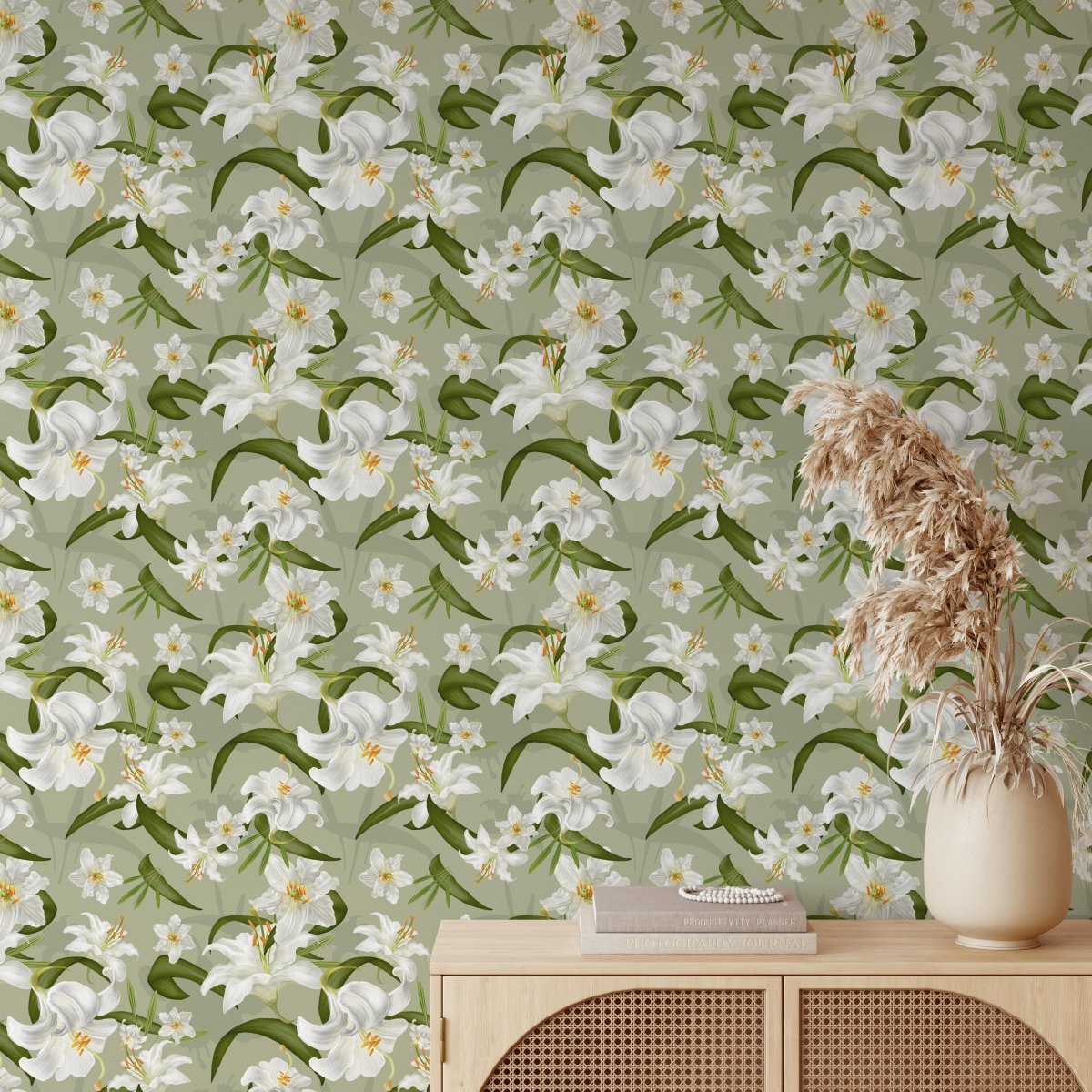 White Lily Walls - Green and White Lily Wallpaper - I Heart Wall Art - Poster Print, Canvas Print or Framed Art Print