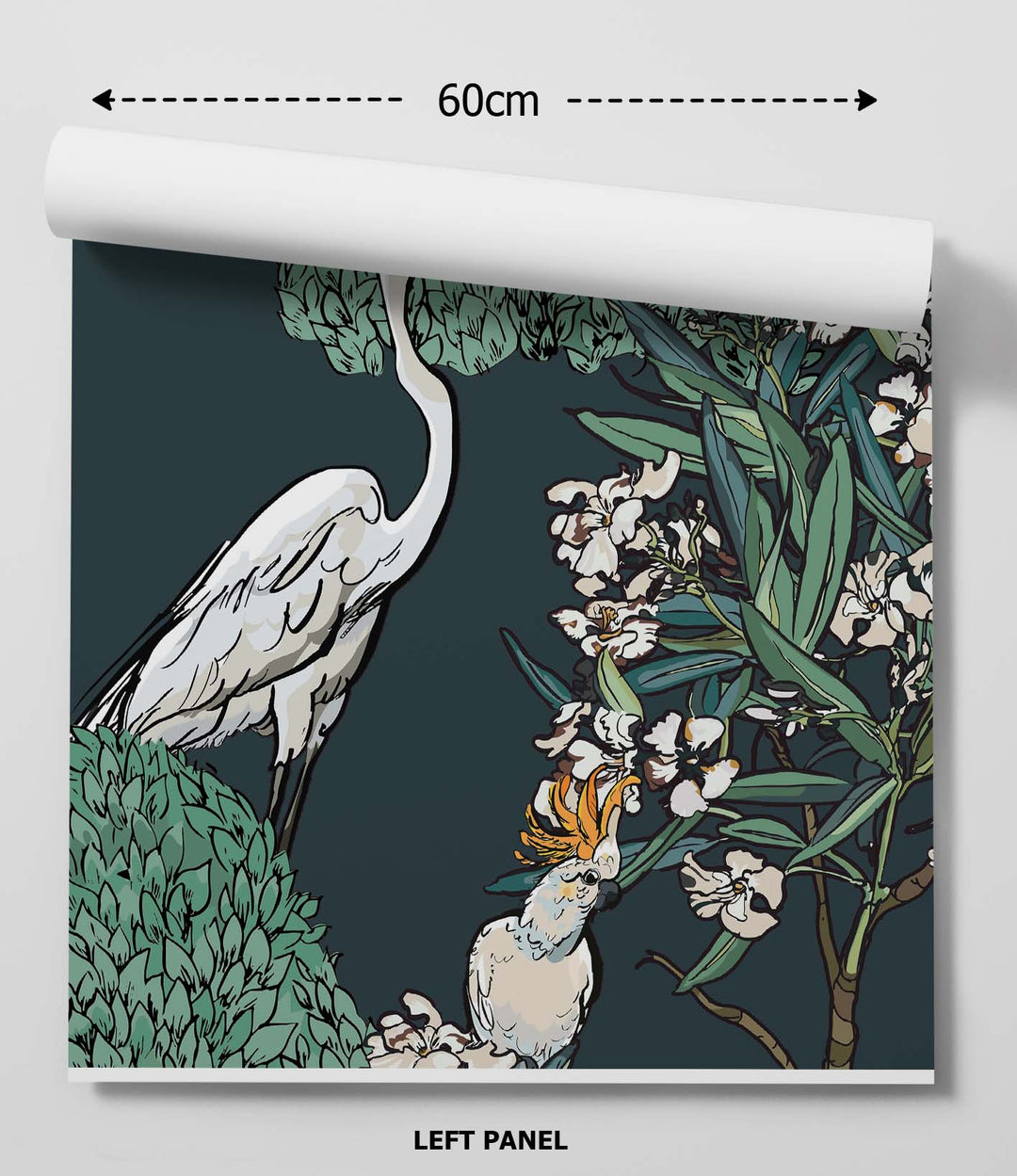 White oleander on green peel and stick wallpaper with white heron and cockatoo illustration on dark teal background