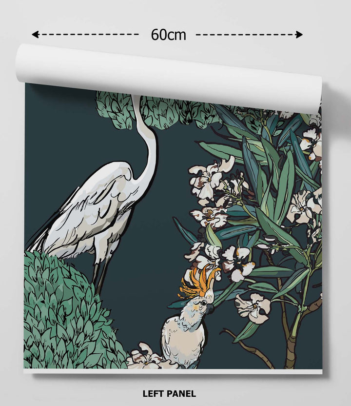 White oleander on green peel and stick wallpaper with white heron and cockatoo illustration on dark teal background