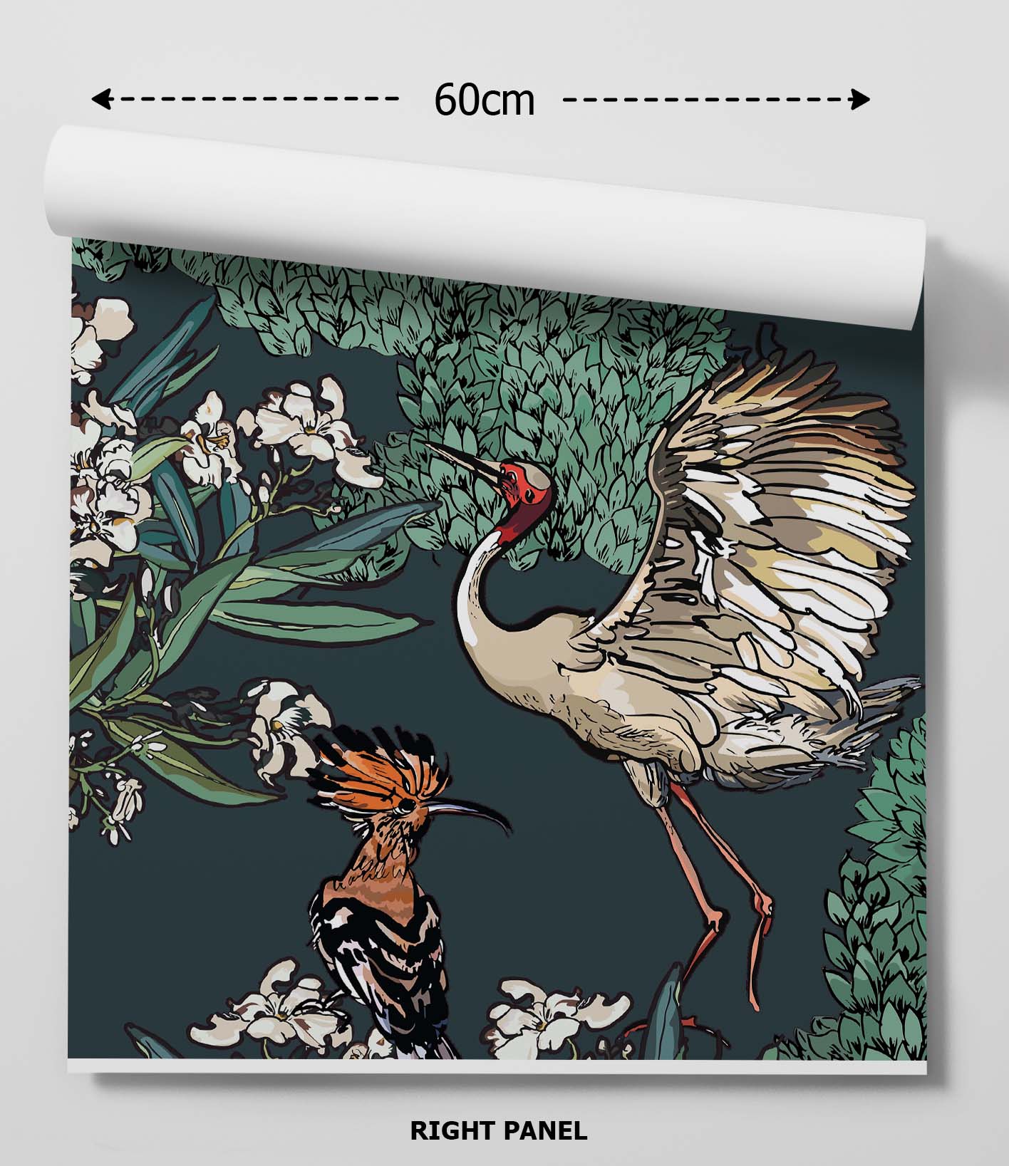 Rolled-up white oleander on green peel and stick wallpaper featuring crane and hoopoe birds with white floral details