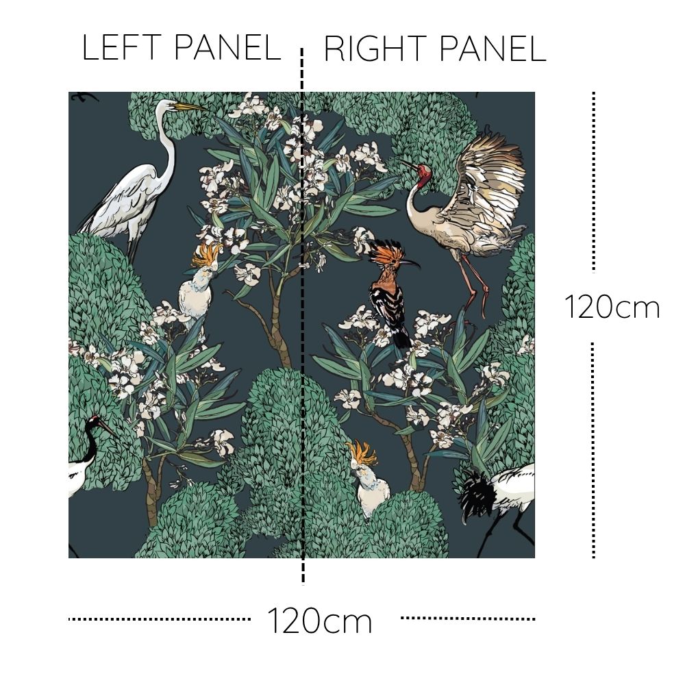 White oleander peel and stick wallpaper with dark green floral panel featuring herons hoopoes and flowering branches