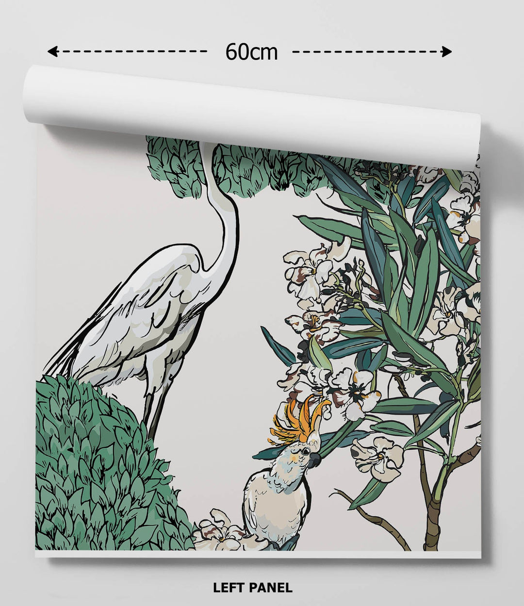 A rolled-up 60cm wide peel and stick white oleander wallpaper featuring white birds and green foliage on light background