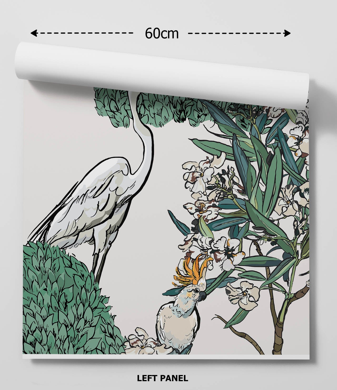 A rolled-up 60cm wide peel and stick white oleander wallpaper featuring white birds and green foliage on light background