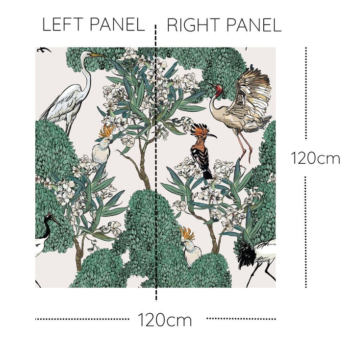 White oleander peel and stick wallpaper with herons hoopoes green foliage and white blossoms on off white background