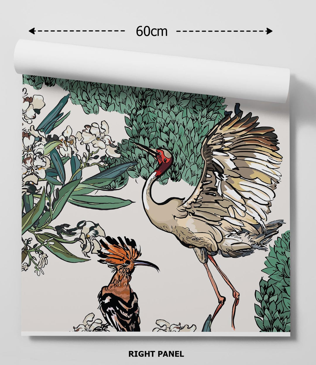 Rolled-up white oleander peel and stick wallpaper featuring a white crane and horned owl with floral design on cream background