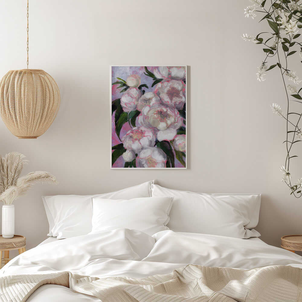 White Peonies With Pink Highlights - Stretched Canvas, Poster or Fine Art Print - I Heart Wall Art - Poster Print, Canvas Print or Framed Art Print
