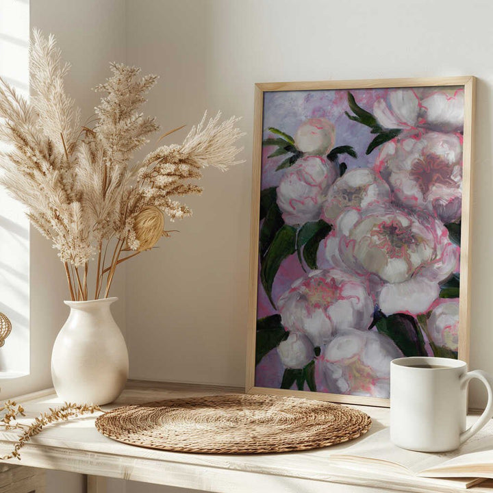 White Peonies With Pink Highlights - Stretched Canvas, Poster or Fine Art Print - I Heart Wall Art - Poster Print, Canvas Print or Framed Art Print