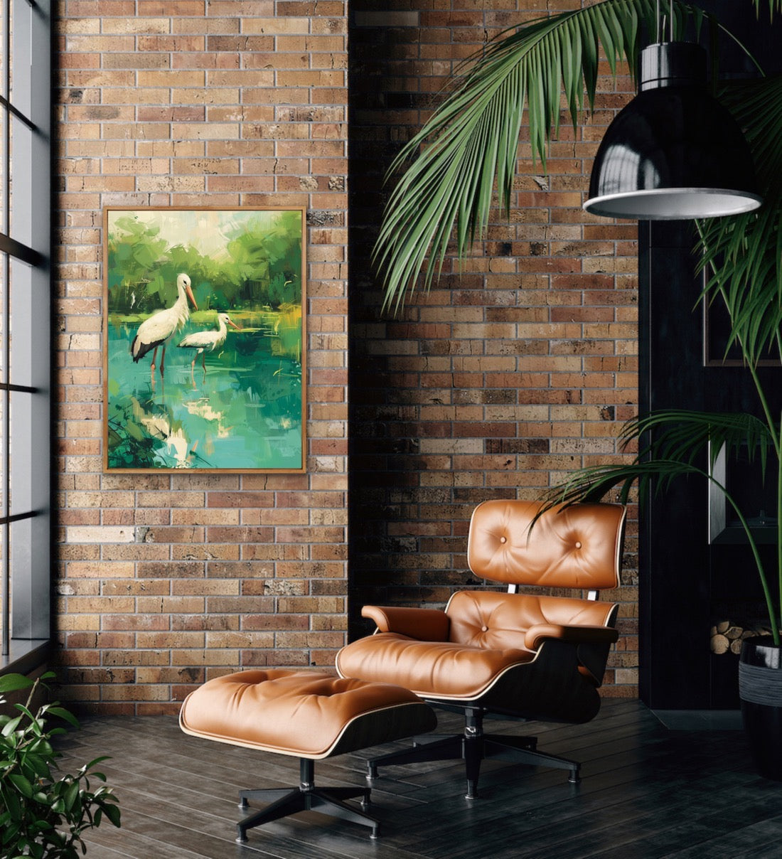 White Stork Pond - Green & Blue Nature-scape, Stretched Canvas or Wall Art Print I Heart Wall Art