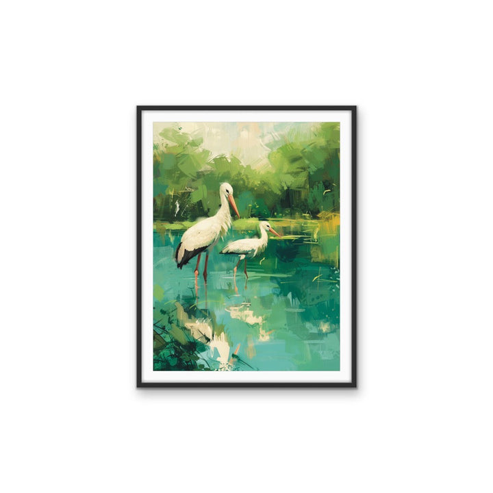 White Stork Pond - Green &amp; Blue Nature-scape, Stretched Canvas or Wall Art Print I Heart Wall Art