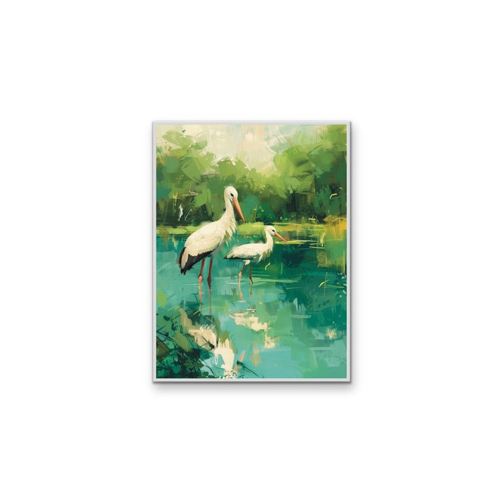White Stork Pond - Green &amp; Blue Nature-scape, Stretched Canvas or Wall Art Print I Heart Wall Art