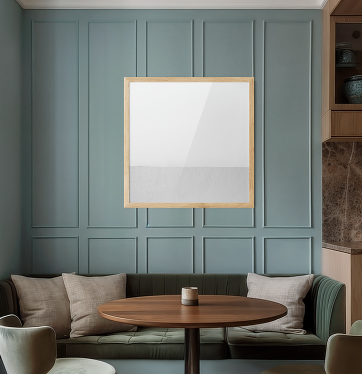 White whispers square abstract white grey geometric wall art canvas print with a minimalist light wood frame mirror on teal wall