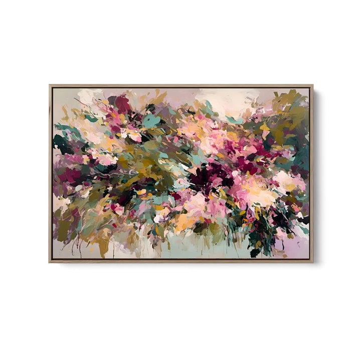 Wild Acres floral abstract stretched canvas print featuring vibrant pink purple and green brushstrokes on beige background