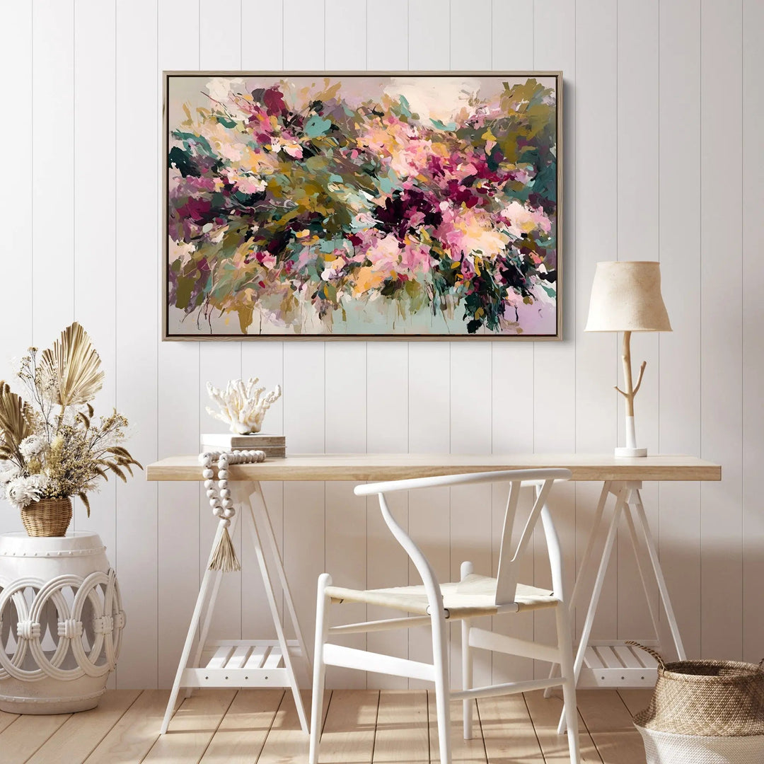 Wild acres floral abstract stretched canvas print features vibrant pink purple green and beige floral splashes in a modern frame